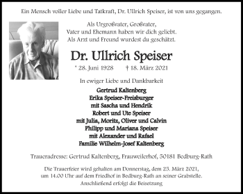 Traueranzeige von Ullrich Speiser von Aachener Zeitung / Aachener Nachrichten