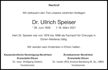 Traueranzeige von Ullrich Speiser von Aachener Zeitung / Aachener Nachrichten