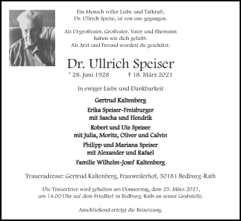 Traueranzeige von Ullrich Speiser von Zeitung am Sonntag
