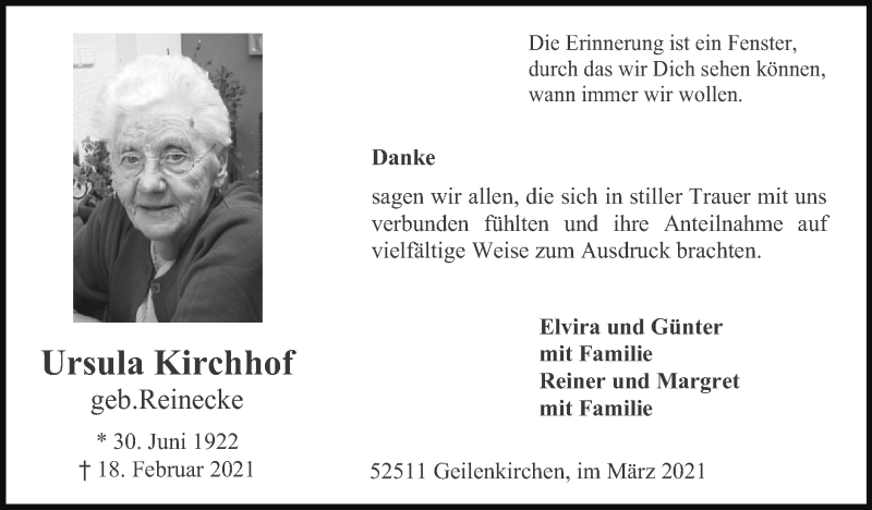  Traueranzeige für Ursula Kirchhof vom 14.03.2021 aus Zeitung am Sonntag