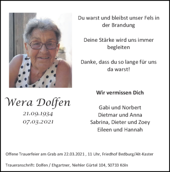 Traueranzeige von Wera Dolfen von Zeitung am Sonntag