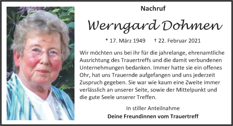  Traueranzeige für Werngard Dohmen vom 28.03.2021 aus Zeitung am Sonntag