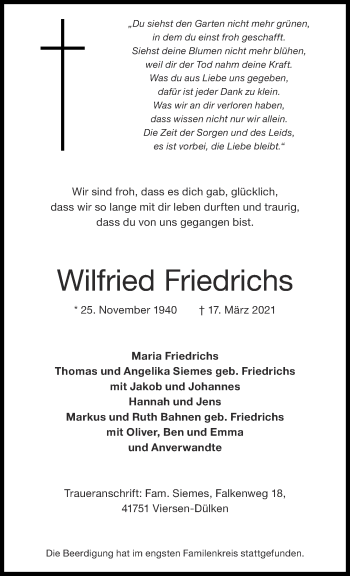Traueranzeige von Wilfried Friedrichs von Aachener Zeitung / Aachener Nachrichten