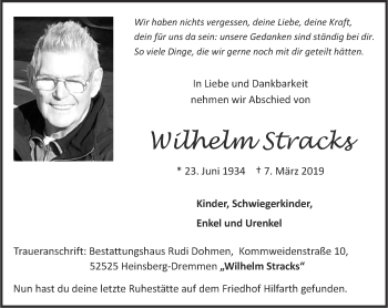 Traueranzeige von Wilhelm Stracks von Zeitung am Sonntag
