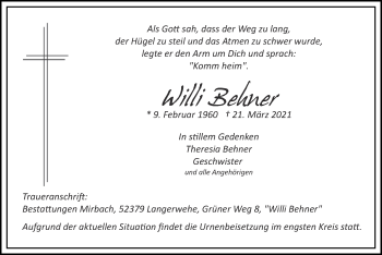 Traueranzeige von Willi Behner von Zeitung am Sonntag