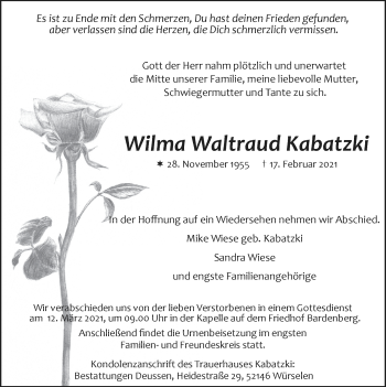 Traueranzeige von Wilma Waltraud Kabatzki von Zeitung am Sonntag