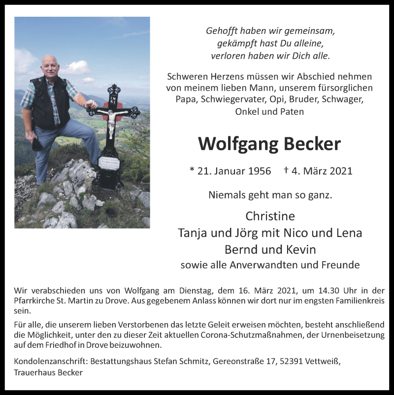  Traueranzeige für Wolfgang Becker vom 14.03.2021 aus Zeitung am Sonntag