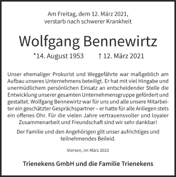 Traueranzeige von Wolfgang Bennewirtz von Zeitung am Sonntag