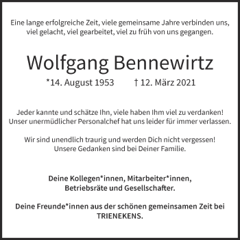 Traueranzeige von Wolfgang Bennewirtz von Zeitung am Sonntag