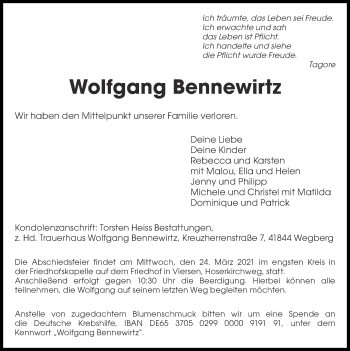 Traueranzeige von Wolfgang Bennewirtz von Zeitung am Sonntag