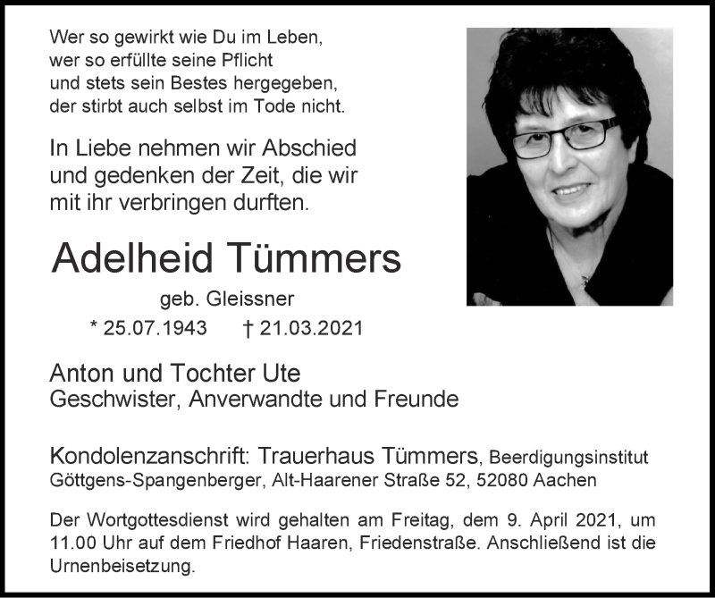  Traueranzeige für Adelheid Tümmers vom 04.04.2021 aus Zeitung am Sonntag
