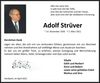 Traueranzeige von Adolf Strüver von Zeitung am Sonntag