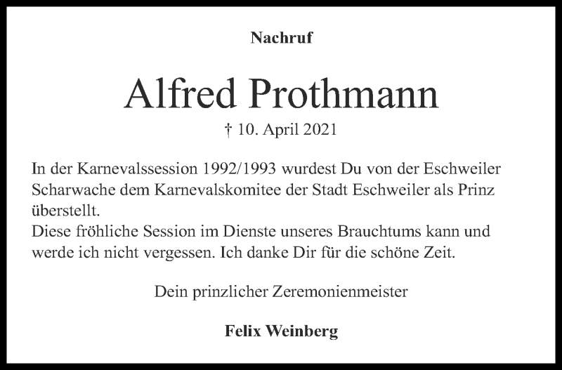  Traueranzeige für Alfred Prothmann vom 17.04.2021 aus Aachener Zeitung / Aachener Nachrichten