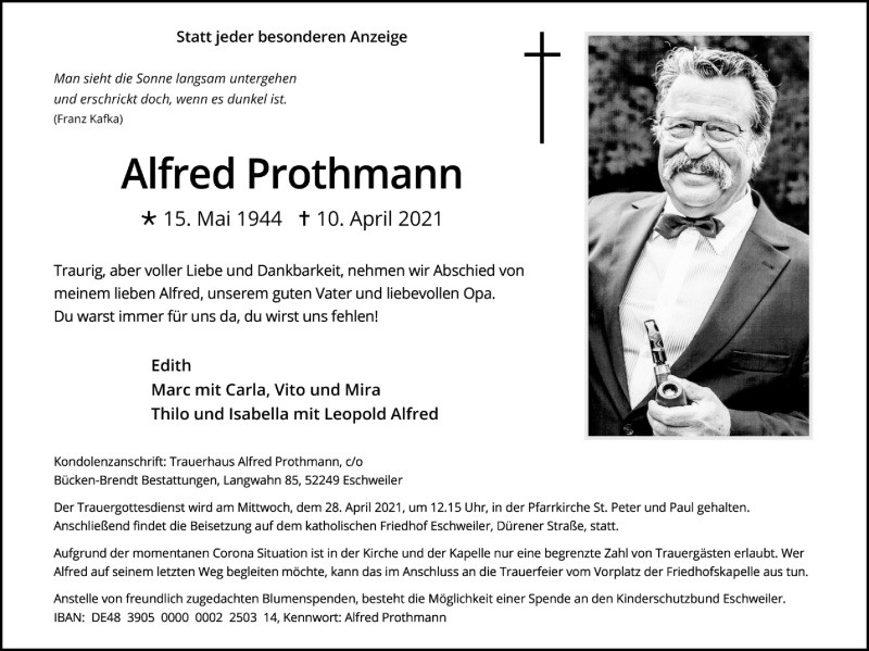  Traueranzeige für Alfred Prothmann vom 18.04.2021 aus Zeitung am Sonntag