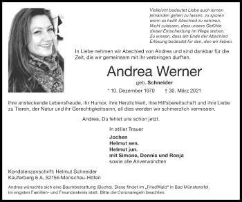 Traueranzeige von Andrea Werner von Zeitung am Sonntag