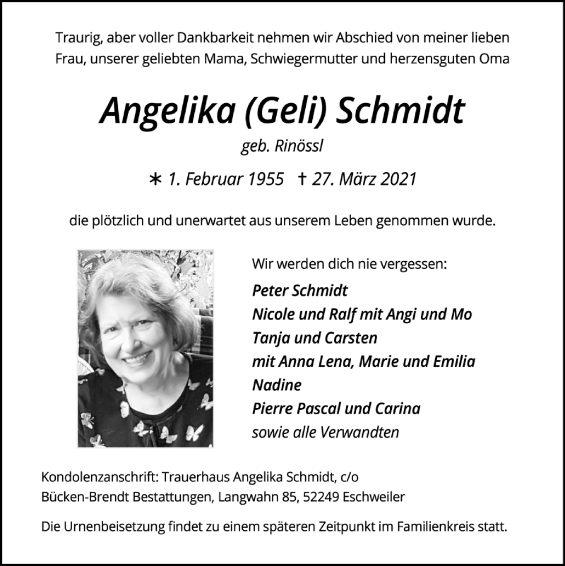  Traueranzeige für Angelika Schmidt vom 11.04.2021 aus Zeitung am Sonntag