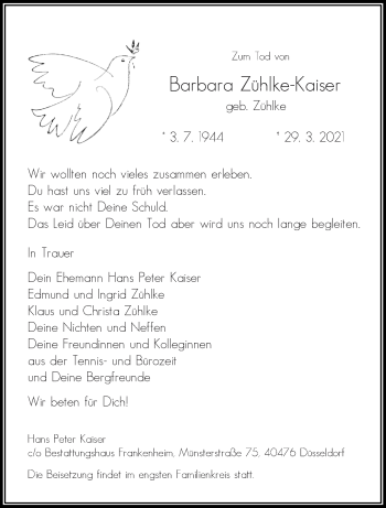 Traueranzeige von Barbara Zühlke-Kaiser von Aachener Zeitung / Aachener Nachrichten