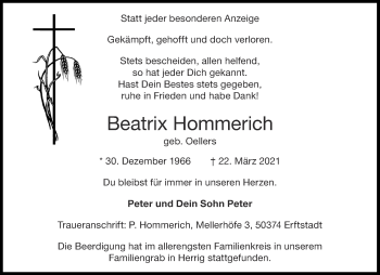 Traueranzeige von Beatrix Hommerich von Aachener Zeitung / Aachener Nachrichten