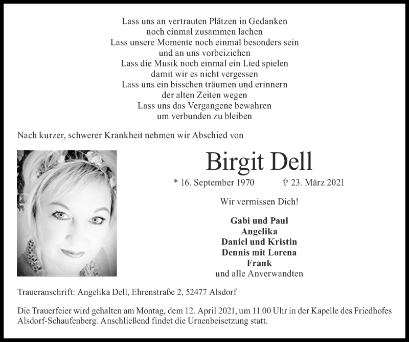  Traueranzeige für Birgit Dell vom 04.04.2021 aus Zeitung am Sonntag