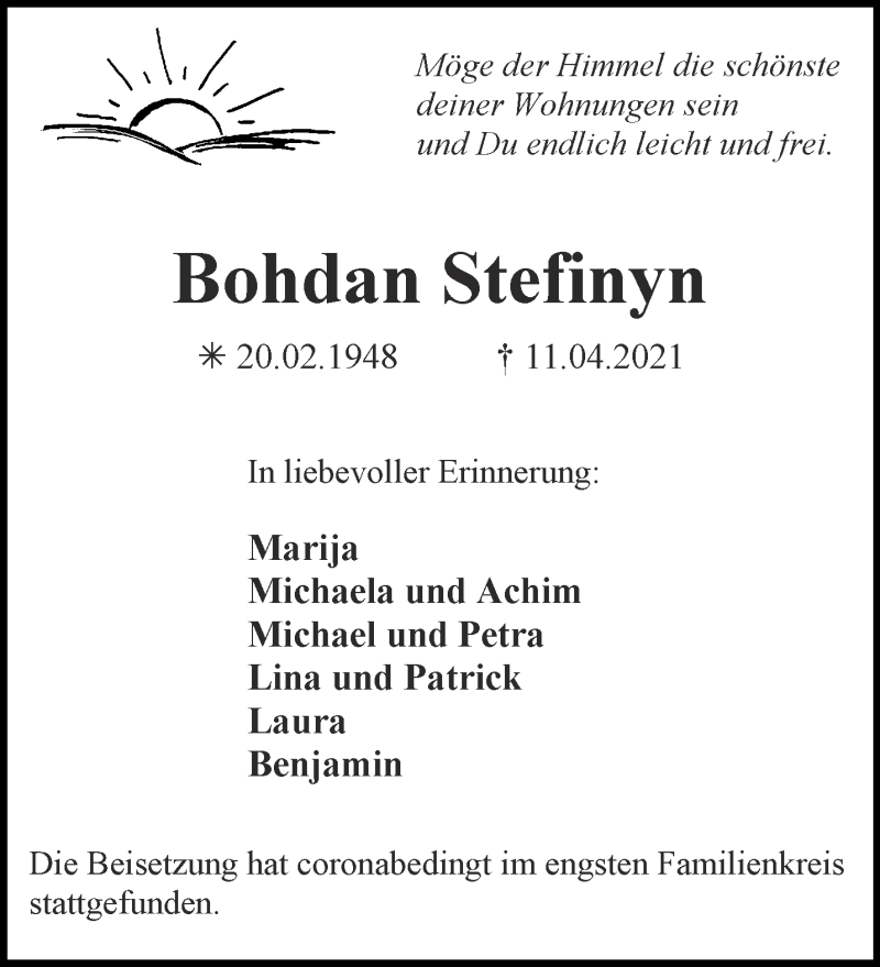  Traueranzeige für Bohdan Stefinyn vom 24.04.2021 aus Aachener Zeitung / Aachener Nachrichten