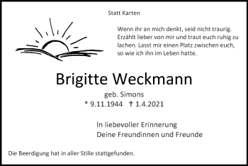 Traueranzeige von Brigitte Weckmann von Zeitung am Sonntag