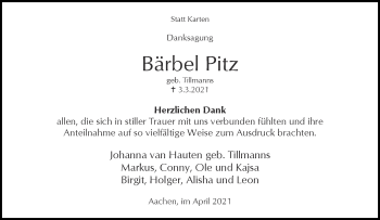 Traueranzeige von Bärbel Pitz von Aachener Zeitung / Aachener Nachrichten