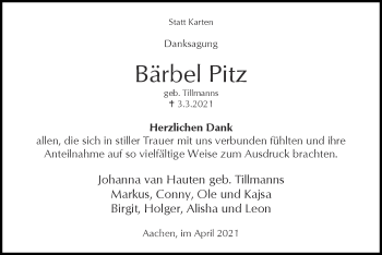 Traueranzeige von Bärbel Pitz von Zeitung am Sonntag