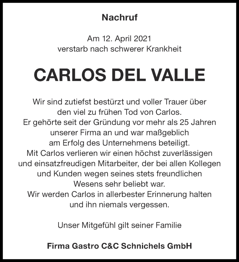  Traueranzeige für Carlos Del Valle vom 17.04.2021 aus Aachener Zeitung / Aachener Nachrichten