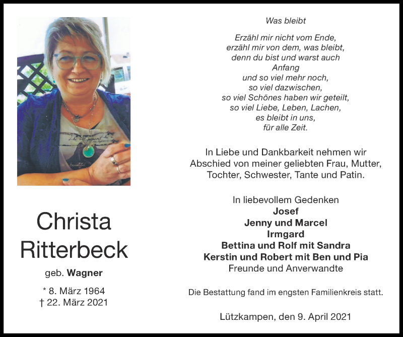  Traueranzeige für Christa Ritterbeck vom 11.04.2021 aus Zeitung am Sonntag