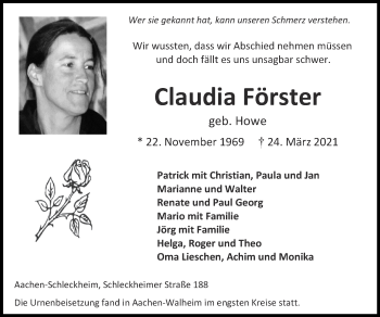 Traueranzeige von Claudia Förster von Zeitung am Sonntag
