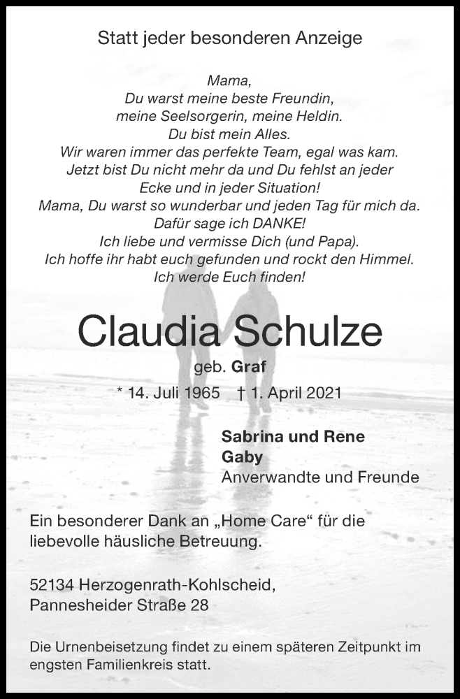  Traueranzeige für Claudia Schulze vom 18.04.2021 aus Zeitung am Sonntag