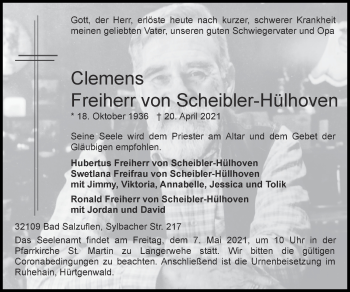 Traueranzeige von Clemens Freiherr von Scheibler-Hülhoven von Zeitung am Sonntag