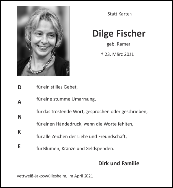 Traueranzeige von Dilge Fischer von Zeitung am Sonntag