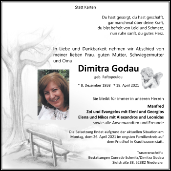 Traueranzeige von Dimitra Godau von Zeitung am Sonntag