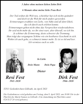 Traueranzeige von Dirk Fest von Zeitung am Sonntag