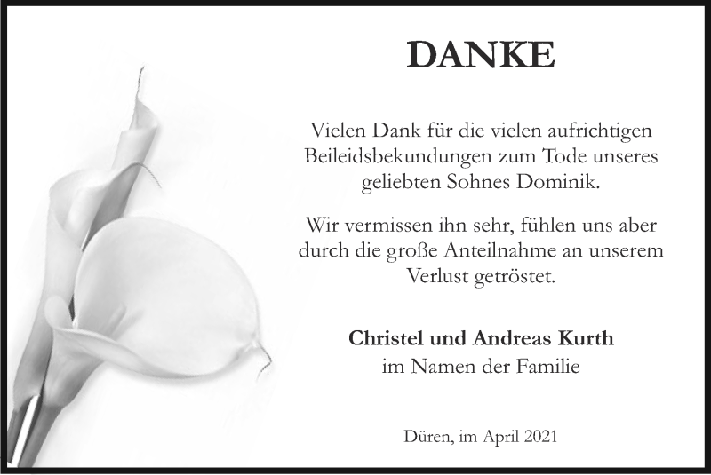  Traueranzeige für Dominik Kurth vom 11.04.2021 aus Zeitung am Sonntag