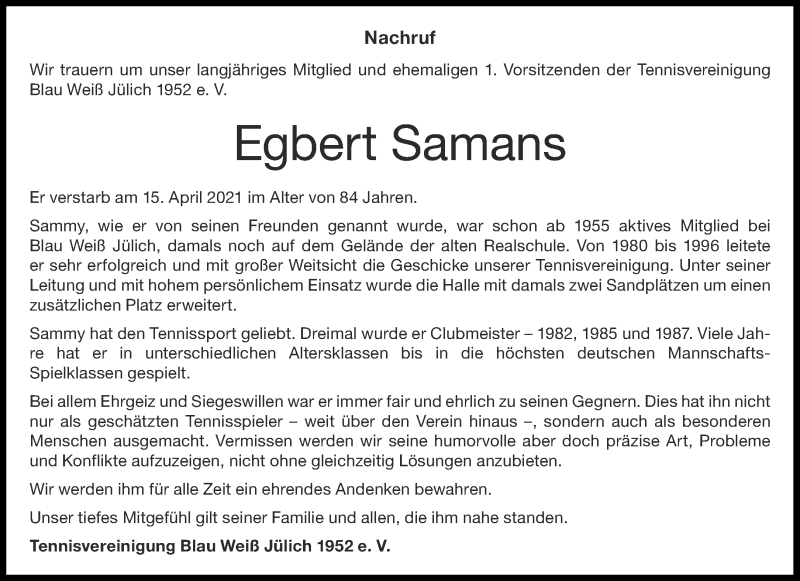  Traueranzeige für Egbert Samans vom 01.05.2021 aus Aachener Zeitung / Aachener Nachrichten