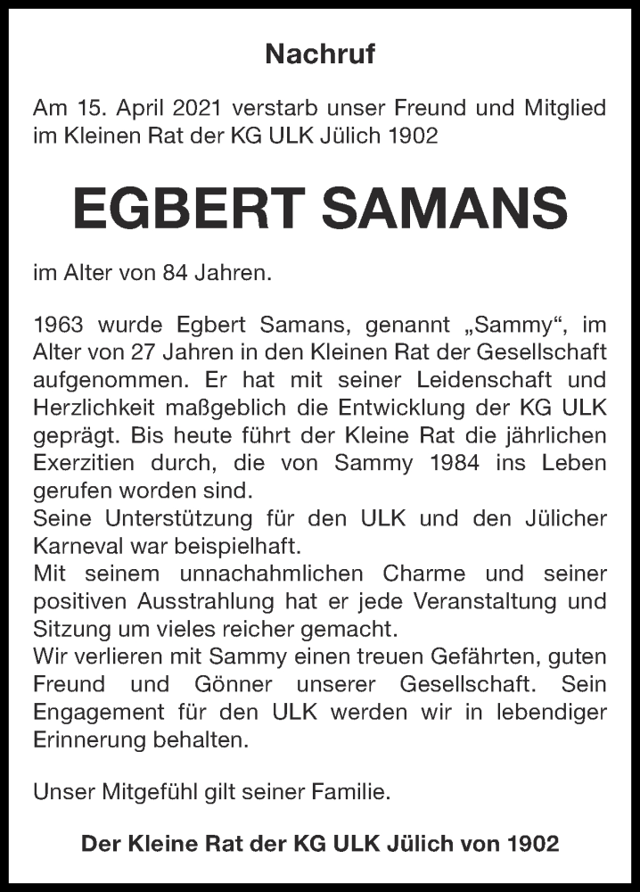  Traueranzeige für Egbert Samans vom 25.04.2021 aus Zeitung am Sonntag