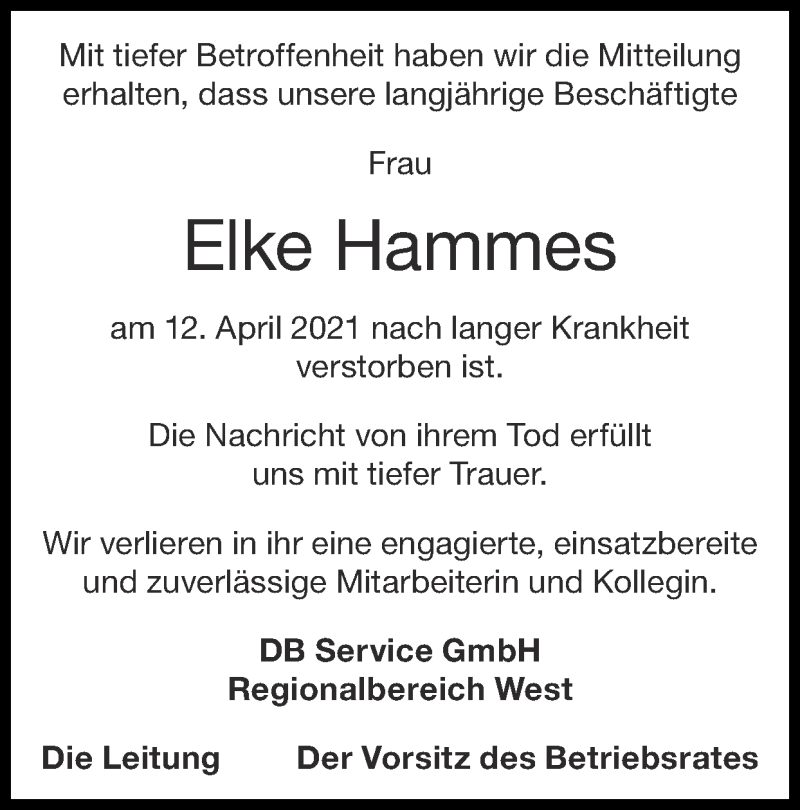  Traueranzeige für Elke Hammes vom 18.04.2021 aus Zeitung am Sonntag