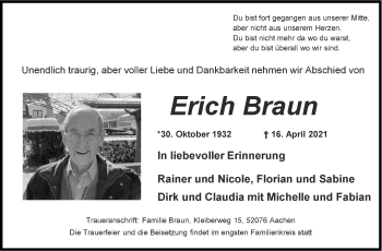 Traueranzeige von Erich Braun von Zeitung am Sonntag