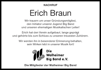 Traueranzeige von Erich Braun von Zeitung am Sonntag