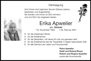 Traueranzeige von Erika Apweiler von Zeitung am Sonntag