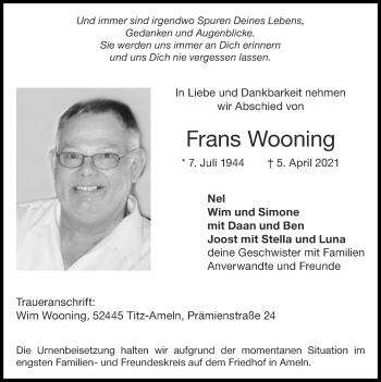 Traueranzeige von Frans Wooning von Zeitung am Sonntag