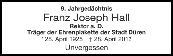 Traueranzeige von Franz Joseph Hall von Aachener Zeitung / Aachener Nachrichten