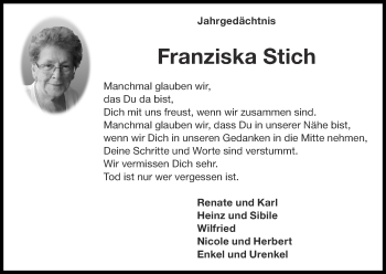 Traueranzeige von Franziska Stich von Zeitung am Sonntag