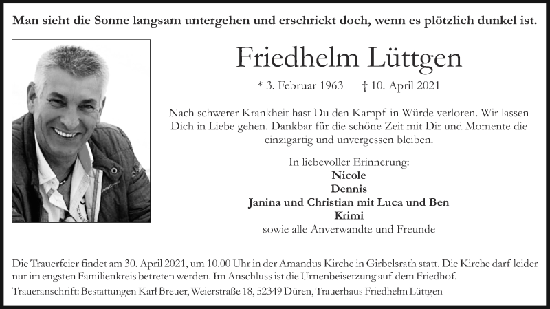  Traueranzeige für Friedhelm Lüttgen vom 25.04.2021 aus Zeitung am Sonntag