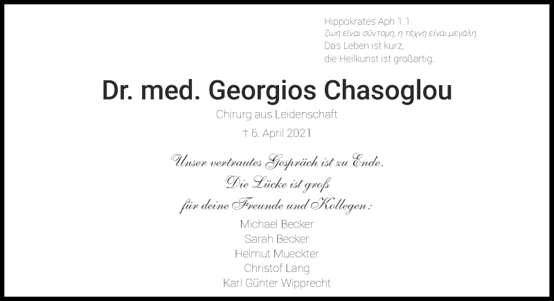  Traueranzeige für Georgios Chasoglou vom 10.04.2021 aus Aachener Zeitung / Aachener Nachrichten