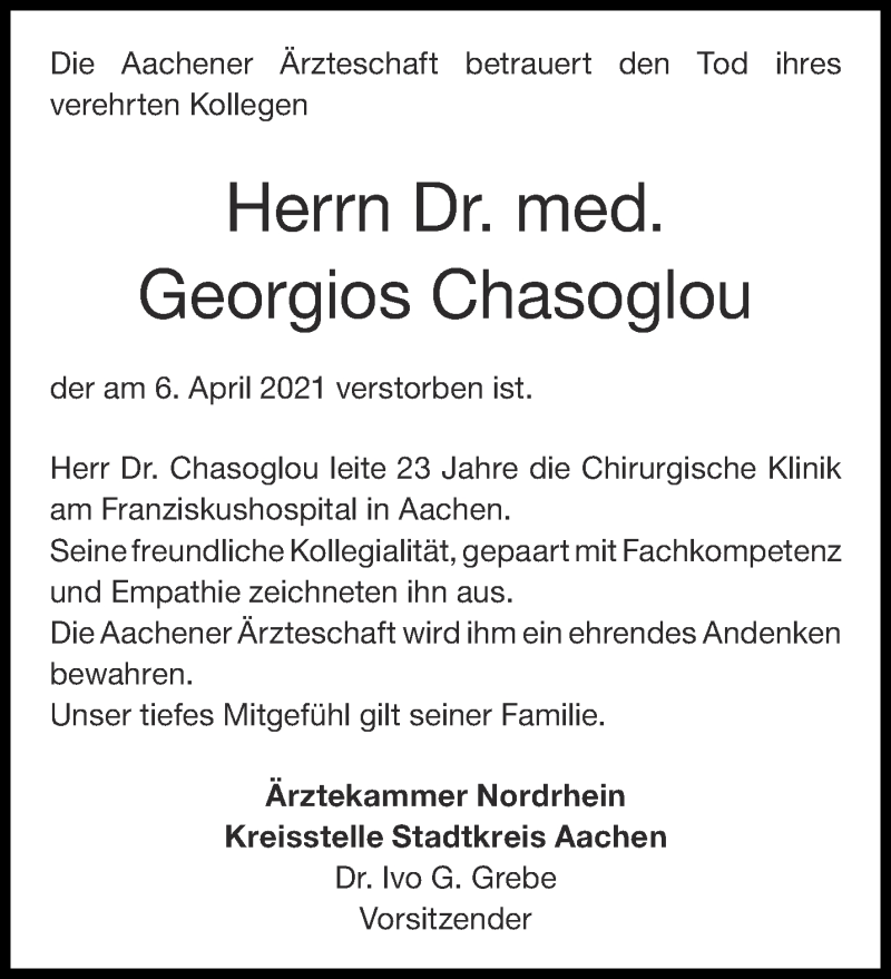  Traueranzeige für Georgios Chasoglou vom 17.04.2021 aus Aachener Zeitung / Aachener Nachrichten