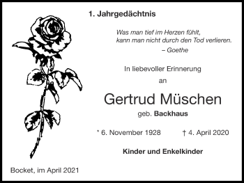 Traueranzeige von Gertrud Müschen von Zeitung am Sonntag