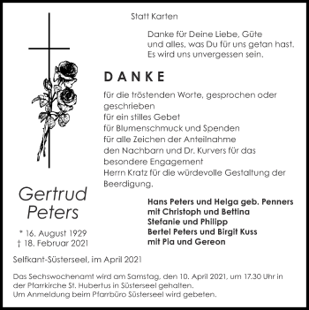 Traueranzeige von Gertrud Peters von Zeitung am Sonntag